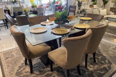 Glass Top Dining Table with 6 Chairs