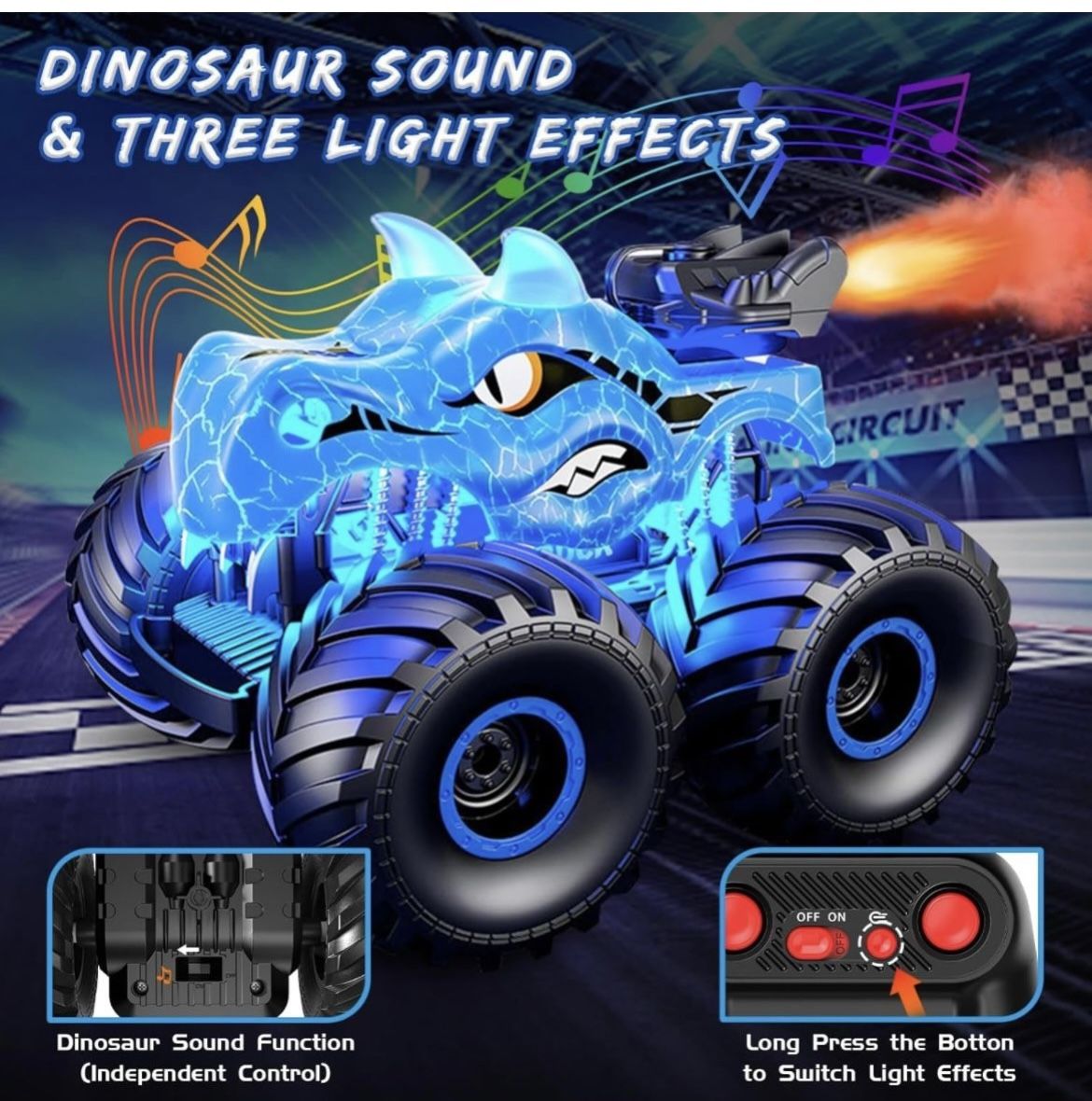 emote Control Car, 360° Rotating RC cars for boys 4-7 with Spray, Light & Sound, 2.4 GHz All Terrain Monster trucks, Dinosaur Toys for Kids 3 4 5 6 7