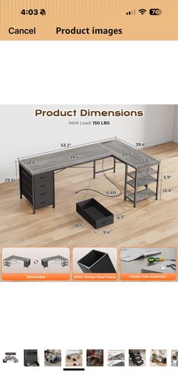 Corner desk, 55” great for bedroom !