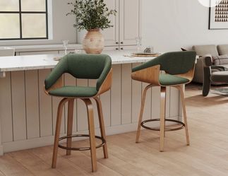 Modern Farmhouse Counter Stool - 360° Swivel & Ring Footrest - Solid Wood Frame - 26" Height Adjustable Stool For Kitchen Island (Set of 2)
