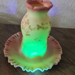 Fenton Burmese roses Fairy Lamp 6 1/2" H 6 1/2" D Fluted & Scalloped Rim