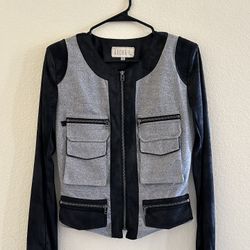 Georgie Womens Long Sleeve Zip Faux Leather Trim Jacket Grayblack Made In USA,XS