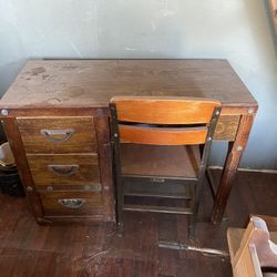 Vintage Wooden Teacher/Secretary Desk and Chair