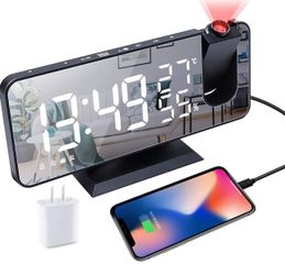 Projection Alarm Clock for Bedrooms Ceiling, Digital Clock Radio with USB Charger Port, Temperature & Humidity Display, 7.3” Large LED Display,12/24H,
