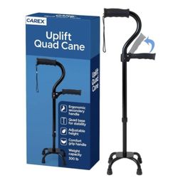 Carex Uplift Quad Cane, Walking Cane for Men & Women with 4-Pronged Base for Extra Balance & Stability, Walking Sticks for Seniors & Adults with Secon