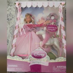 Disney Princess Spring Fair Aurora Doll with Unicorn + 5 Flower Hair cl..