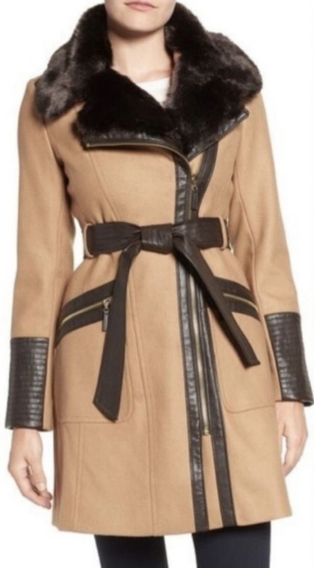 Via Spiga Wool Blend Faux Fur Leather Trim Belted Coat
