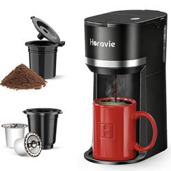 NEW Compact Single Serve Coffee Maker (Pods + Ground Coffee) Horavie K1100 Black
