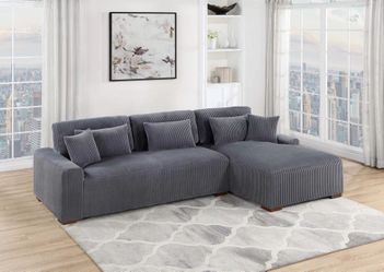 Brand New Grey Super Plush Corduroy Sectional Sofa (Pillows Included)