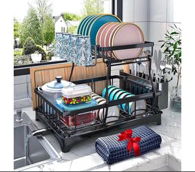2-Tier Dish Drying Rack - Dish Rack with Auto Drain-to-Sink & Mat