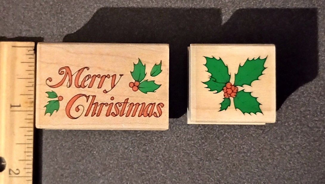 Merry Christmas Holly Holiday Lot Of 2 Wood Mounted Rubber Stamp Art Vintage Collectible A-1