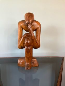 Unique Hand Carved Wooden Thinking Man Sculpture MCM 12 1/2” Tall