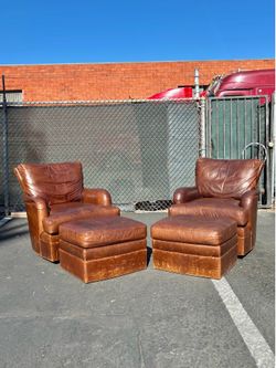 Wesley Hall Leather Swivel Chairs with Ottomans (Pair) Ask For Delivery 🚚
