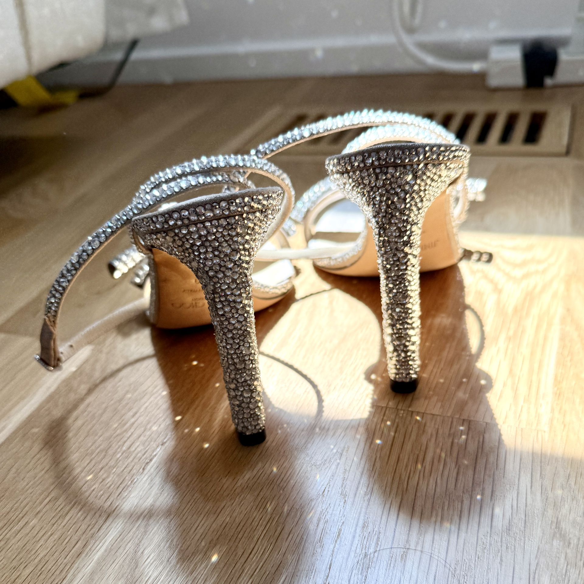 EUC JIMMY CHOO Thyra Blush 100 High Heel XCK Crystal Embellished Heeled Sandals 39 Fits US 8