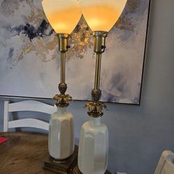 Hollywood Regency Lenox Porcelain and Brass Stiffel Lamps