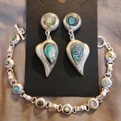 Vintage Sterling & Abalone Inlay Link Bracelet with Matching Dangling Earrings 