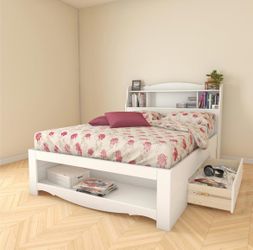 Full Size White Storage Bed with Bookcase Headboard & Drawer – pick up by 8/6