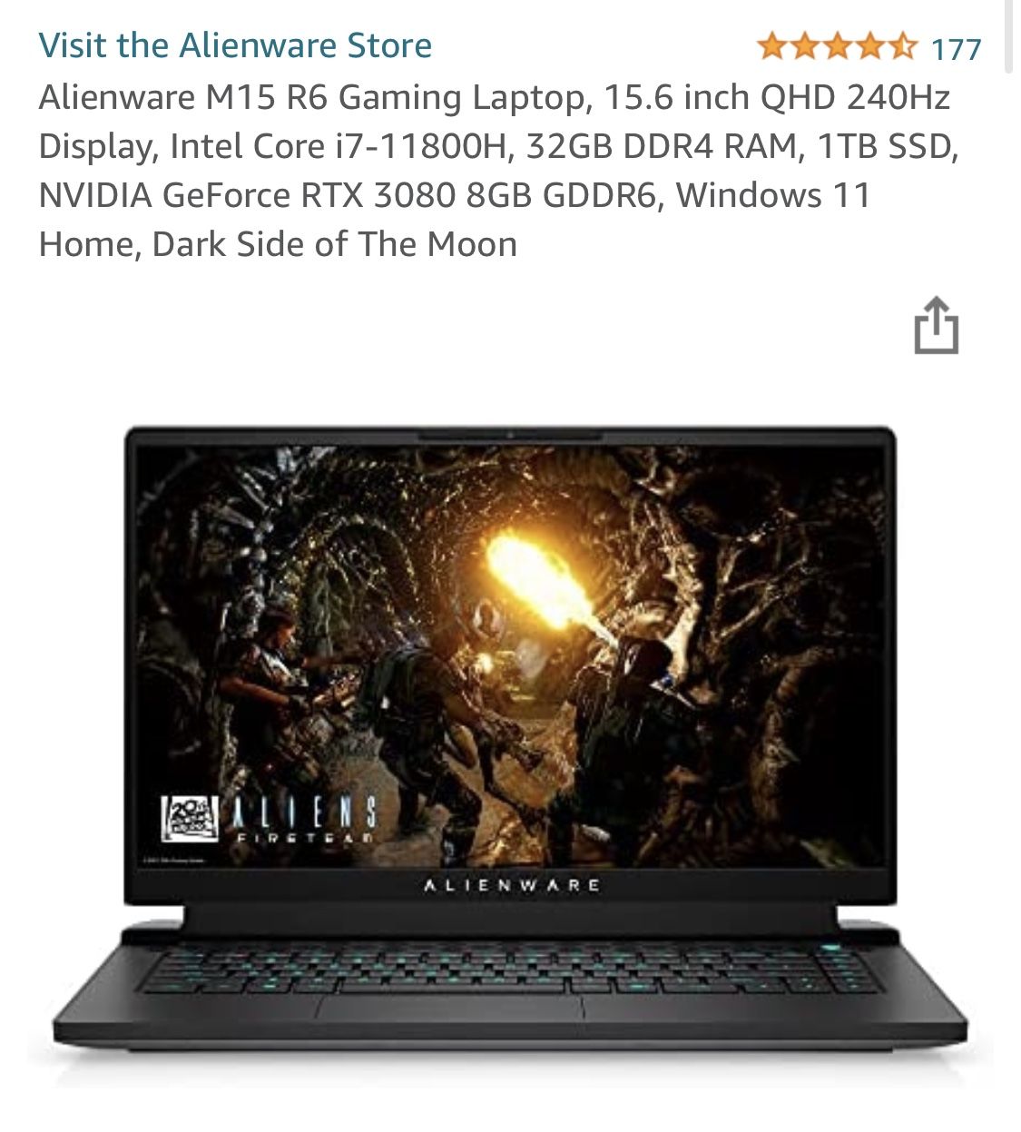 Alienware M15 R6, RTX 3080,32 GB, 1TD SSD, i7-11800H