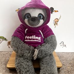 SLOTH!!  LARGE ADORABLE GRAY SLOTH “ FEELING PHILOSLOTHICAL” 22. INCHES - WITH OURPLE SWEATSHIRT