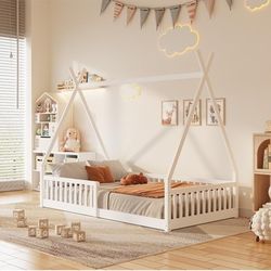 🔥🔥 TWIN Size Wood House Bed with Fence, White