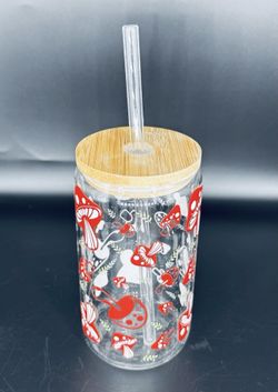 Mushroom Glass Tumbler, Wood Lid Glass Straw