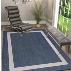 New/Blue/White 5 ft. x 7 ft. Bordered Indoor/Outdoor Area Rug