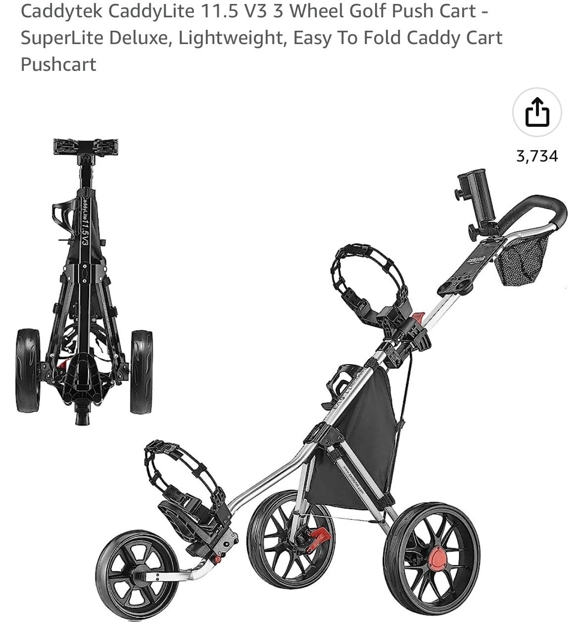 Caddytek CaddyLite 11.5 V3 3 Wheel Golf Push Cart - SuperLite Deluxe, Lightweight, Easy To Fold Caddy Cart Pushcart With Seat