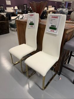 Modern White Dining Chairs with Gold Legs – Floor Model Clearance (Set of 2)