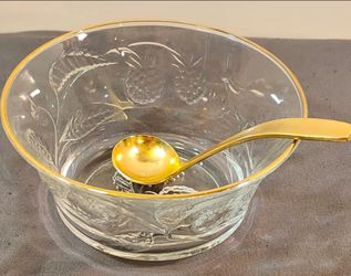 Vintage French Glass Berry Bowl/Gold Spoon
