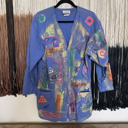 Blue vintage long sleeve button up painting cardigan with pockets; perfect condition
