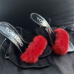 TOM FORD Black Shiny Leather Sandal Heel With Red Fur Size 6.5 AUTHENTIC