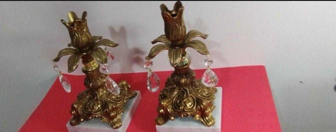 VINTAGE BRASS - MARBLE - CRYSTAL CANDLESTICKS SET OF 2 - 8"×4"