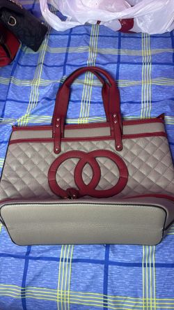 Brown and red tote bag