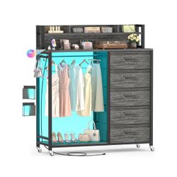 Dresser for Bedroom with Clothes Rack & Shelves, 5 Drawers Dresser with Charging Station & LED Lights, Chest of Drawers with Lockable Wheels, Storage 