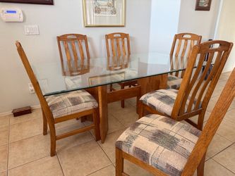 Oak Dining Table with Glass Top and 6 Chairs