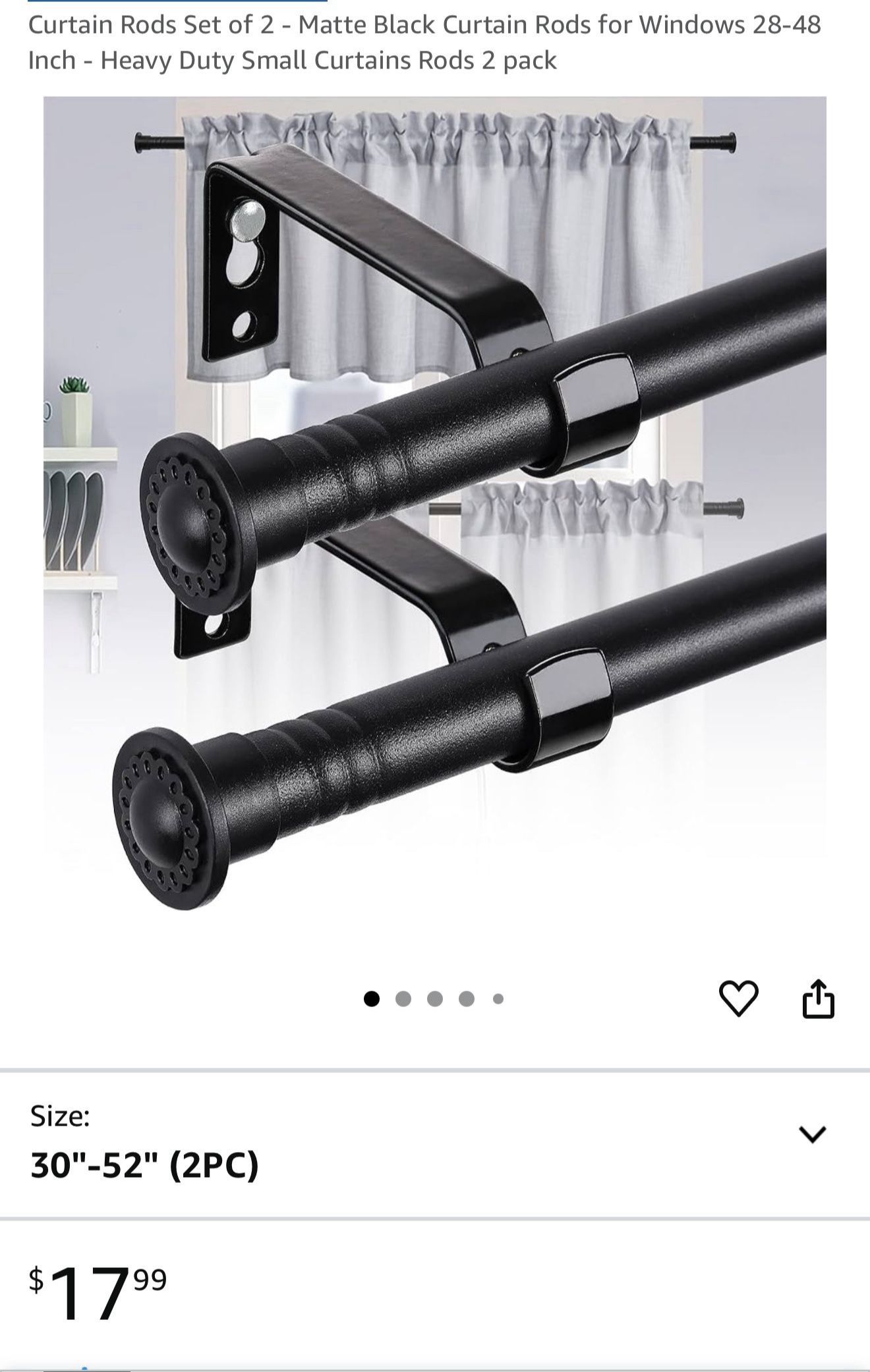 Curtain Rods Set of 2 - Matte Black Curtain Rods for Windows 28-48 Inch - Heavy Duty Small Curtains Rods 2 pack