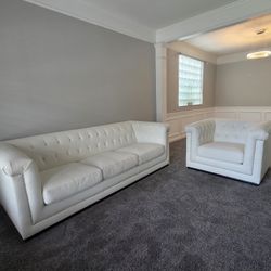 White Tufted Faux Leather Sofa & Armchair 