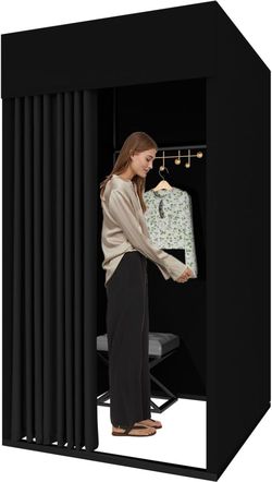 Portable Changing Room Dressing Privacy Booth w/Casters Hooks Black #1165U G1