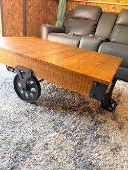 Excellent condition Vintage Industrial Style* *Solid wood and metal wheels *Dimensions* (L47” W31” H16”)