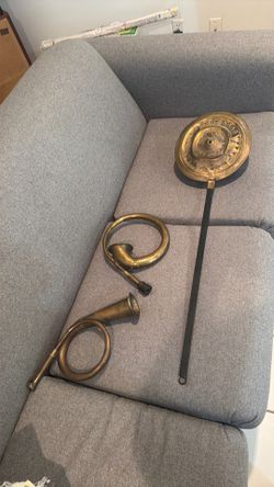 Antique brass bed warmer and horns