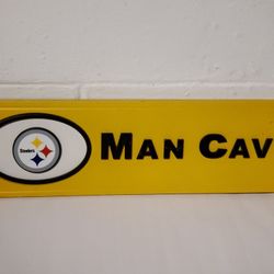 PGH STEELERS WOOD MAN CAVE SIGN 6 X 24 IN LIKE NEW CONDITION