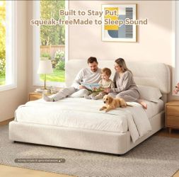 King Bed Frame,beige Boucle Upholstered Platform Bed
Low profile design with Adjustable Cloud Like Headboard, Rounded Corners, Solid Wood Slat Support