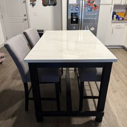 Counter Height Marble Dining Table, 2 Chairs, Bench
