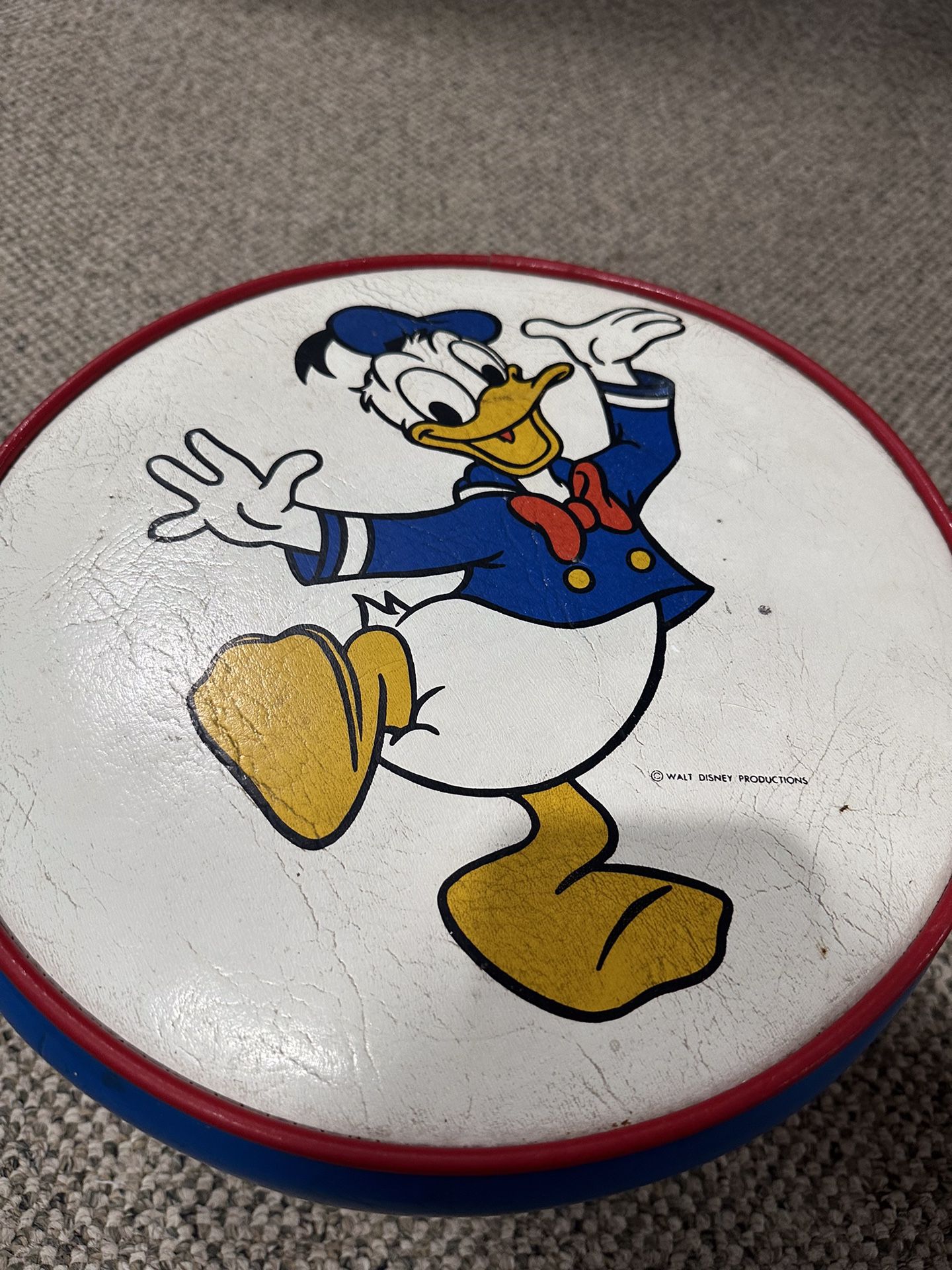 Rare Vintage Walt Disney Productions Donald Duck Four Legged Vinyl Padded Stool. 10" High x 13" in Diameter