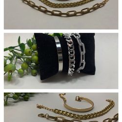 Punk Style 3pcs/Set Curb Cuban Multilayer Link chain bracelet, Gold and Silver Color (2 Sets)