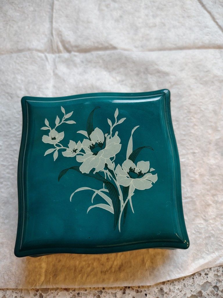 Beautiful Teal Carved Alabaster Trinket Box