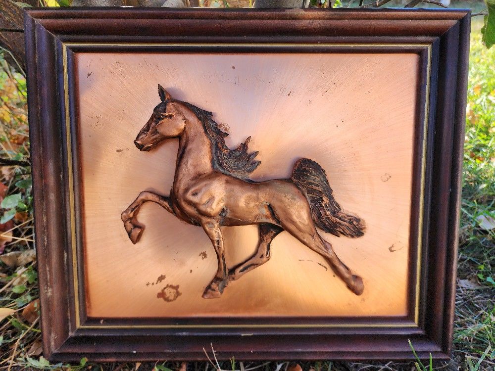Framed Copper Metal House Relief Art