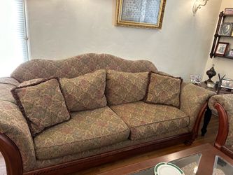 3 piece -sofa loveseat and recliner chair set couch furniture living room set la-z-boy brown green pattern wood