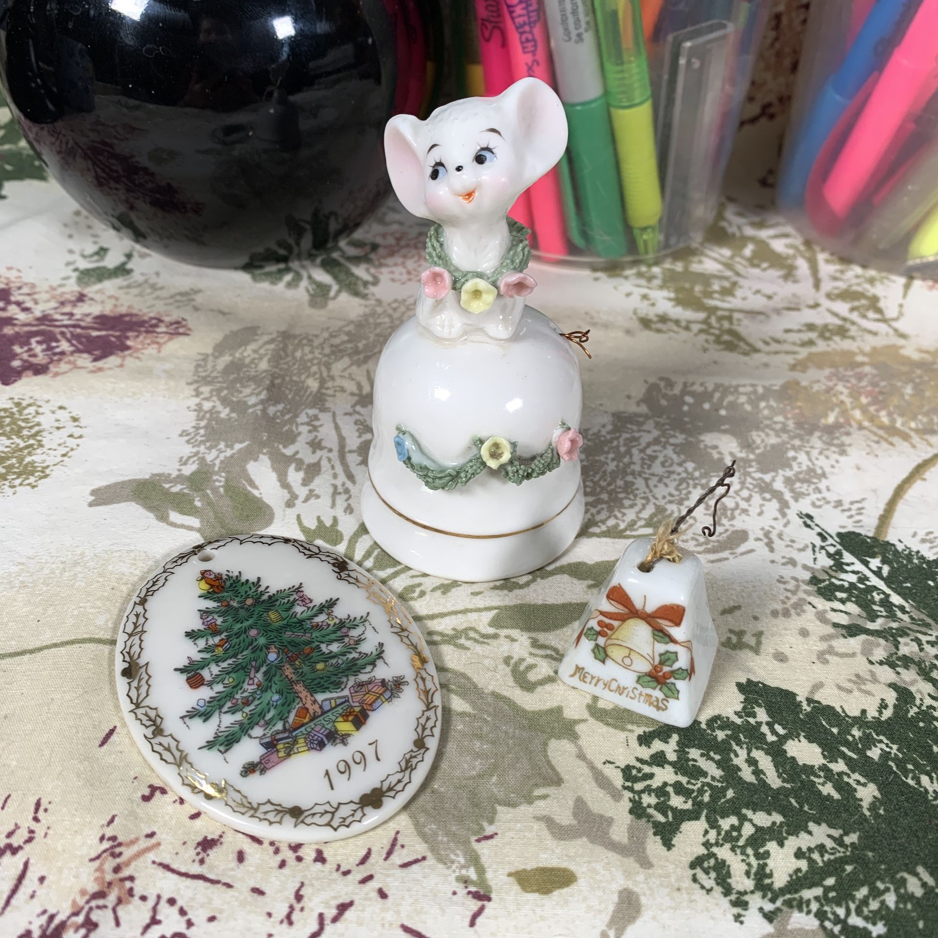 3 x Vintage Christmas Porcelain Ornament Lot Bell Mouse Tree Spode