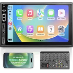 Double Din Car Stereo Compatible with Wireless Apple Carplay, Android Auto - 7" Touch Screen Car Audio Receiver with Bluetooth, AUX, FM Car Radio